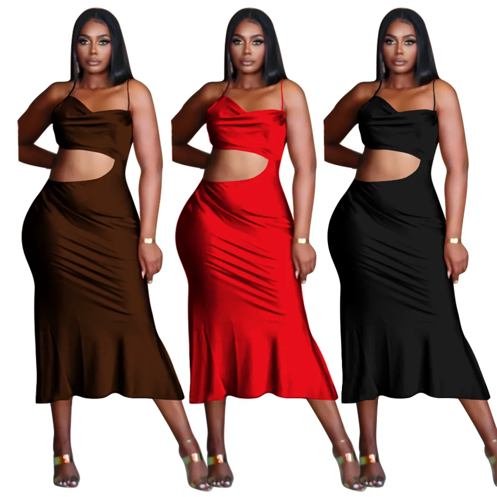 

Women's Sexy Hollow Out One Shoulder Spaghetti Strap Tight Party Nightclub Midi Dress