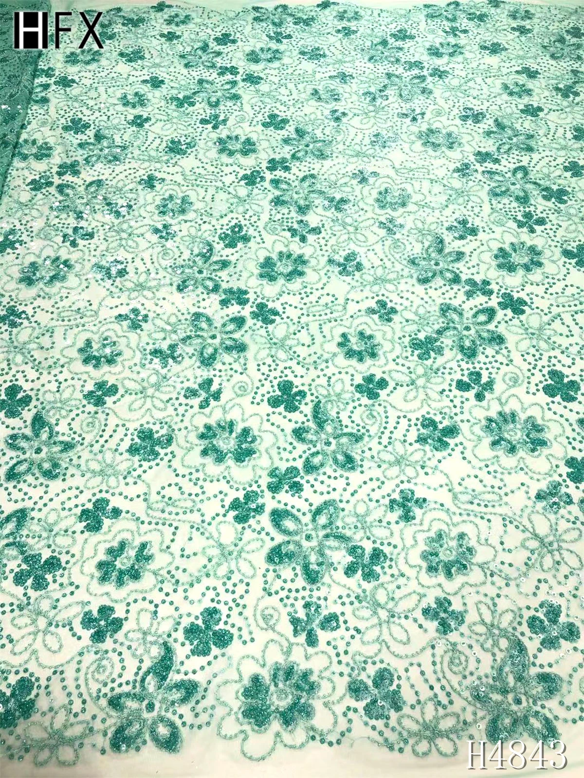 

HFX Green African Lace Fabric 2021 High Quality Nigerian Lace Fabric 5 Yards French Sequins Lace Fabrics For Wedding Dress F4843