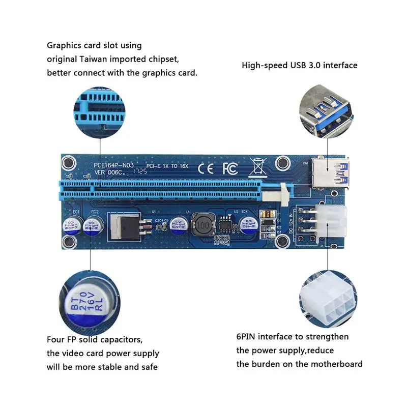 Pci-E Riser Pci E Express 1X To 16X Card Usb 3 0 Sata 6Pin кабель питания для Btc Bitcoin Mining Antminer Miner |