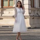 Женское свадебное платье It's yiiya, белое ТРАПЕЦИЕВИДНОЕ ПЛАТЬЕ до середины икры с глубоким круглым вырезом и длинными рукавами на лето 2019