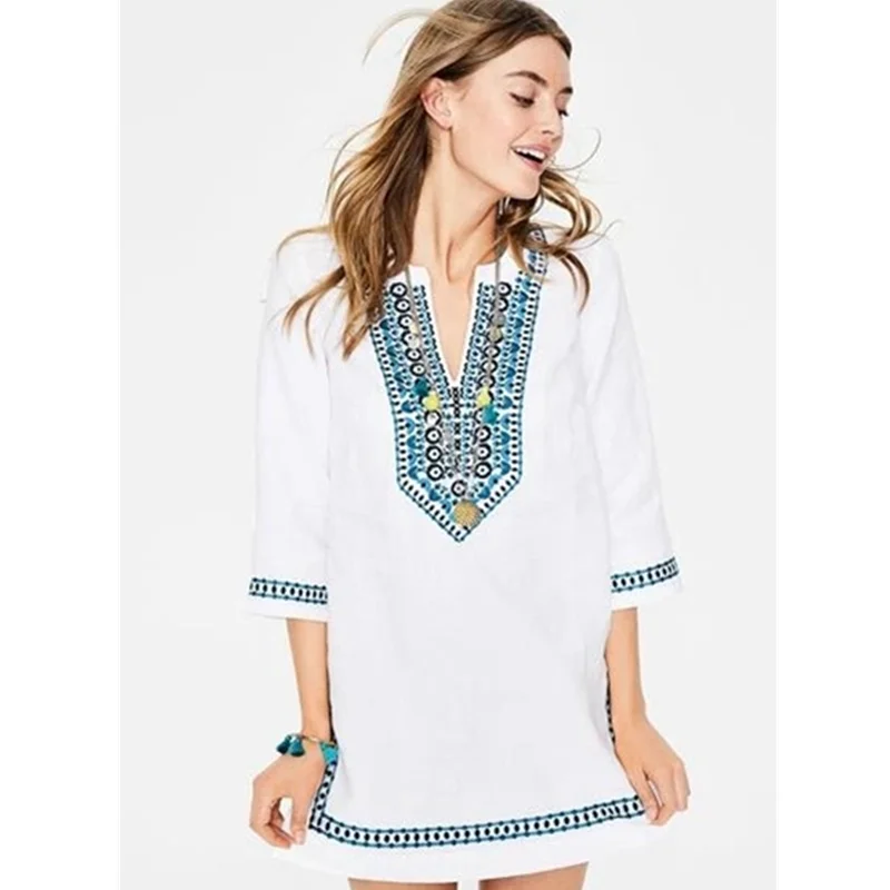 Женское пляжное платье с вышивкой Indie хлопковая туника разрезом сбоку одежда для