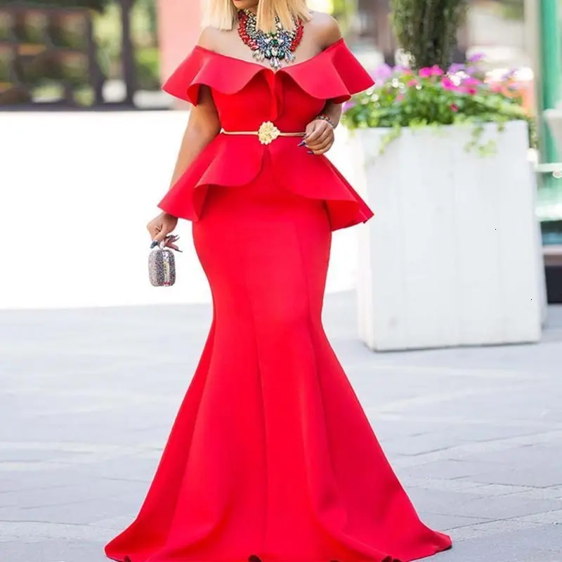 Женское вечернее платье-Русалка с открытыми плечами и оборками Красное длинное