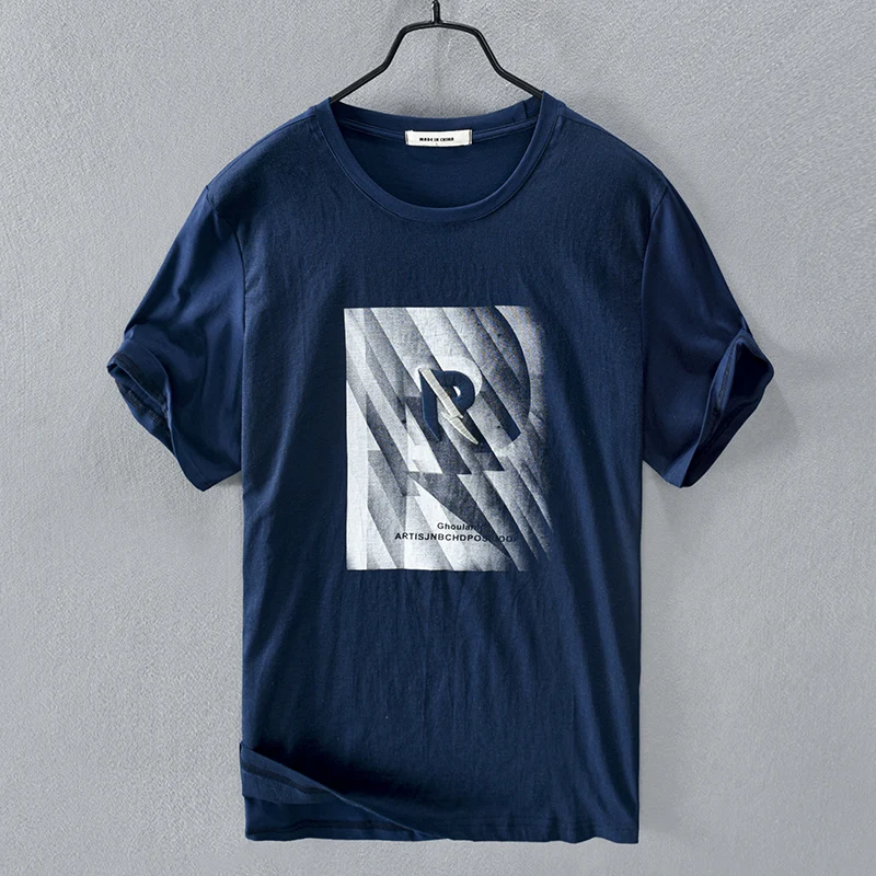 

Футболка мужская с вышивкой и коротким рукавом, модная удобная рубашка из льна и хлопка, однотонная повседневная майка