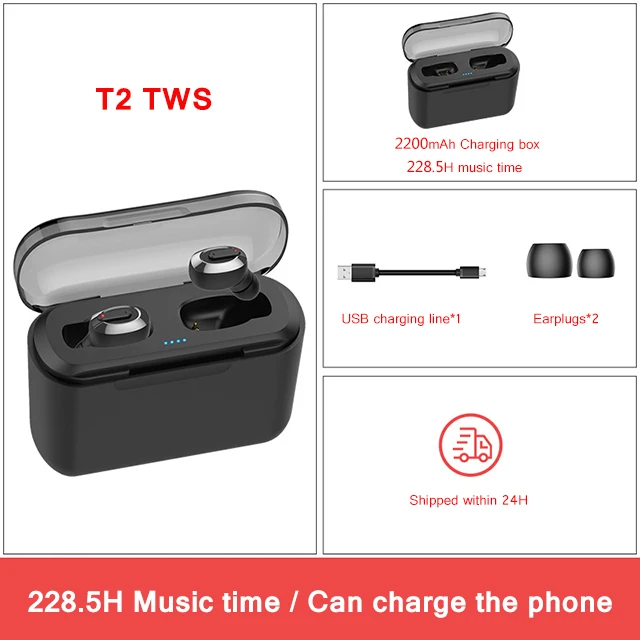 Черный Беспроводные наушники стерео bluetooth наушники T2 TWS Bass Surround auriculares bluetooth inalambrico 2200 мАч музыка fone de ouvido - Цвет: Черный