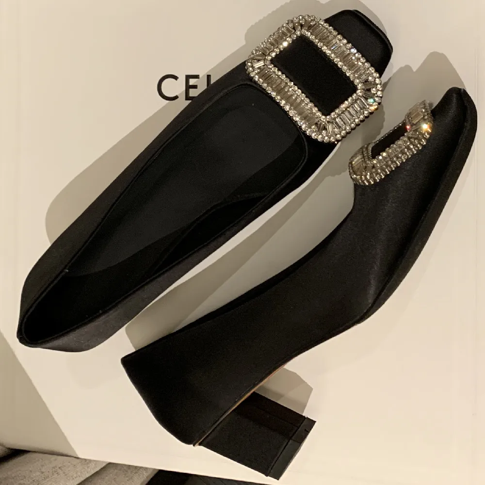 

Women's thick high heel square toe slip-on pumps sartin fabric big crystal buckle OL style daily heels single shoes for women