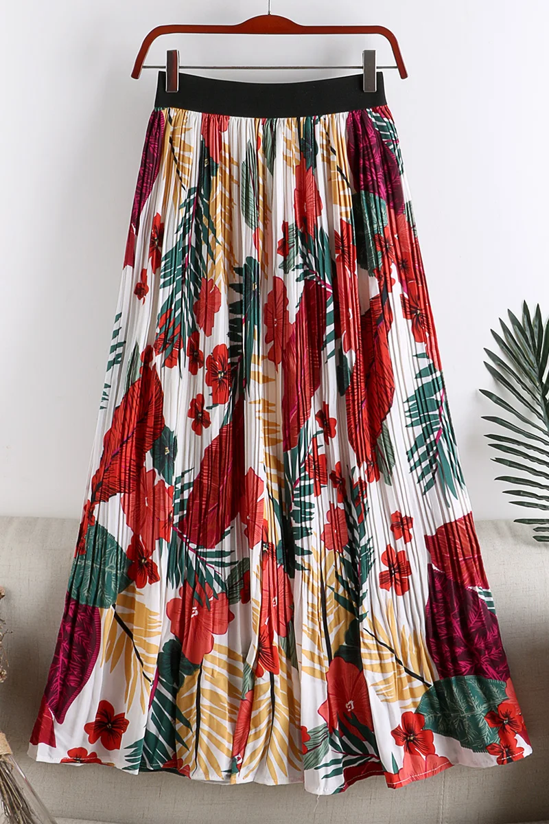 

Spring Summer New High Waist Slim A-Line Skirt Retro Print Pleated Floral Mid-Length Half-Length Female Skirt W133