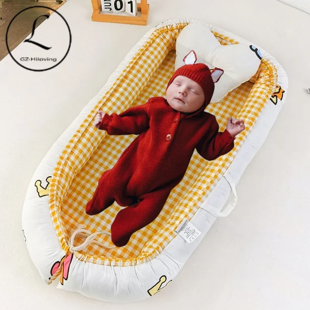 Baby Nest Bed Cartoon Full Encirclement Babygirl Boys Summer Travel Bed Cotton with Pillow Portable Crib Travel Bed