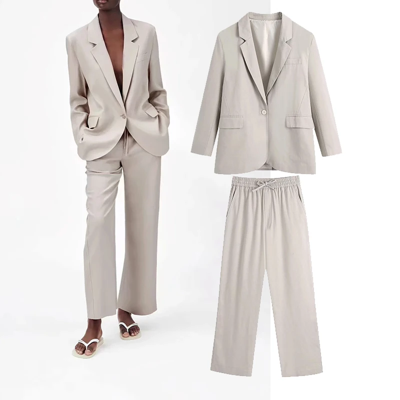 

Za Women 2 Piece Set Office Suit New Fashion Blazer Long Sleeve + Trousers High Waist Office 2 Piece Set Blazer Women