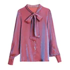 Женская блузка с бантом на воротнике, элегантная однобортная блузка с жемчужинами и длинным рукавом, лето 2021