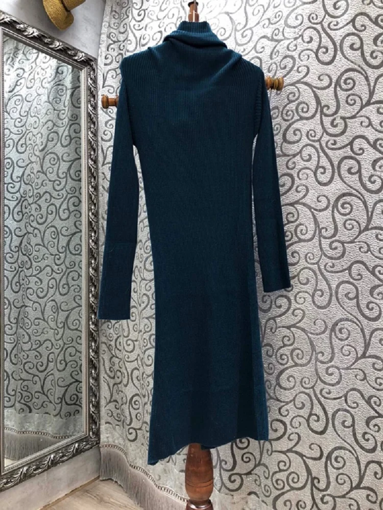 

Dress Turtleneck Sweater 2021 Winter High Quality Clothing Women Big Buttons Deco Long Sleeve Casual Blue Long Knitted Dress