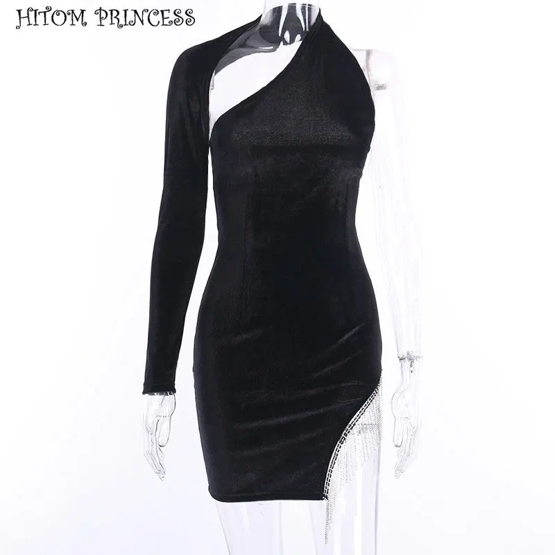 

HITOM PRINCESS Shiny Diamond Tassel One Shoulder Sexy Party Dress Women Long Sleeve Velvet Backless Bodycon Mini Dress Vestidos