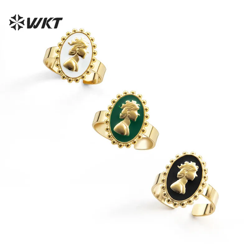 

WT-R380 WKT Enamel Marine Life Charms For Open Adjustable Ring King Pattern Gold Plated Stainless Steel Cuff Ring Jewelry