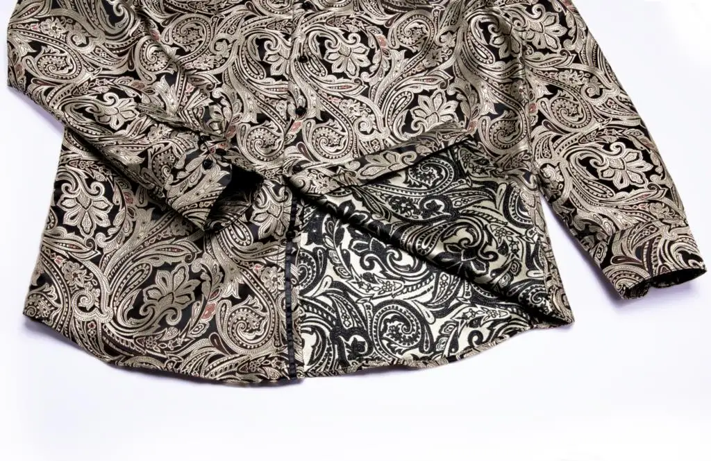 Hi-Tie Silk Jacquard Mens Shirts Long Sleeve Brown Floral Men Shirt Slim Fit For Male Dress Jeans Casual Leisure Business XXXL