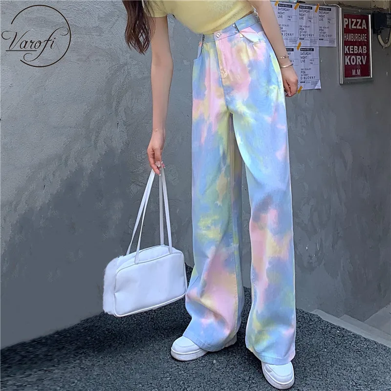 

Varofi straight leg jeans women's oversized loose jeans tie dyed High Waist Wide Leg Pants women's jeans rainbow jeans