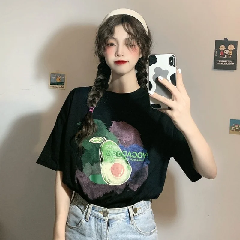 

Женская футболка с принтом растений, винтажная свободная футболка с круглым вырезом и рукавом до локтя, креативная трендовая одежда в Корей...