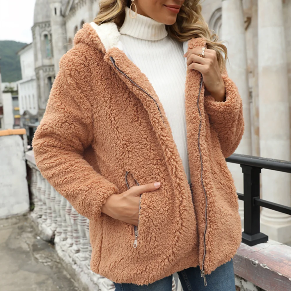 

Plush hit color plush hooded jacket with hood autumn and winter cotton jacket
