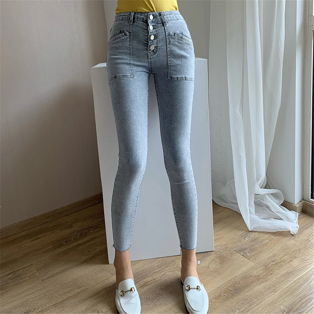 

Хлопковые повседневные женские джинсы с высокой талией, новинка 2021, синие обтягивающие пикантные джинсовые брюки-карандаш с пуговицами, же...
