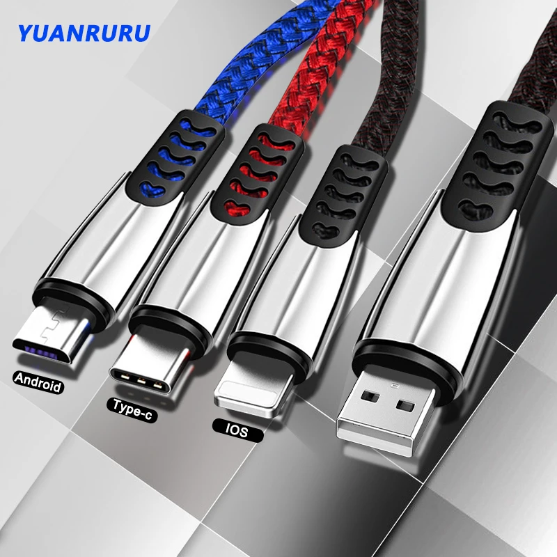 

3 in 1 USB Cable Zinc Alloy Fast Charging Cord Wire For iPhone Huawei 3in1 Fast Charge 8 Pin Micro USB Type C Cable For Samsung