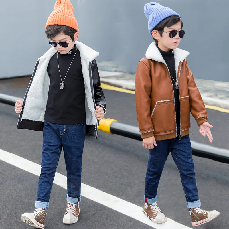 Куртка для мальчиков из искусственной кожи осенне зимнее меховое пальто