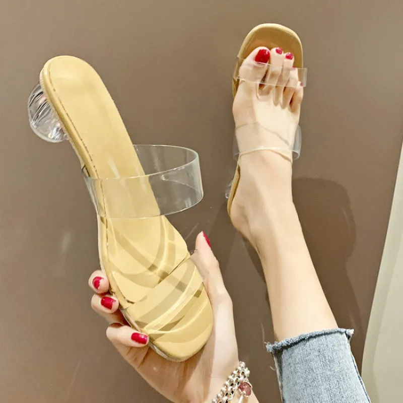 

Women's Shoes Sandals Women's Outer Wear Ball Type Thick Heel Wild 2020 New Middle Heel Square Head Fashion Transparent Sandals