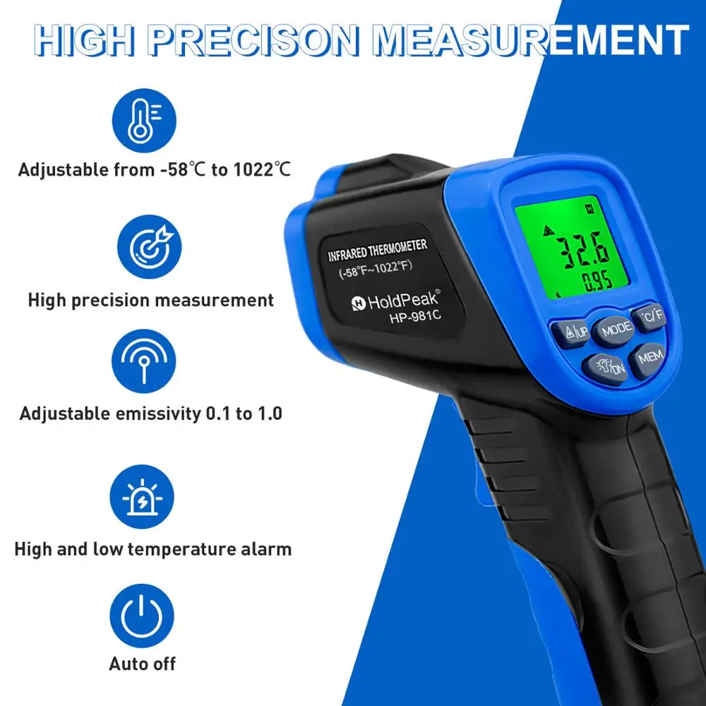 HoldPeak HP 981C 30 ~ 550'C/ 22 1022'F Температура метр Пистолет Бесконтактный Инфракрасный
