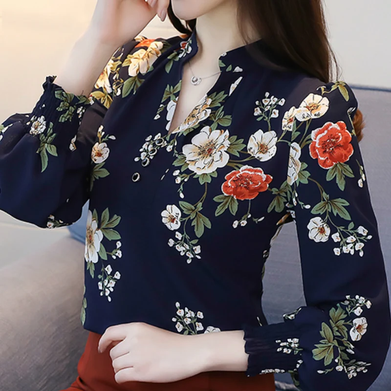 

Blusas Mujer De Moda 2021 Blouse Women V-neck Office Blouse Women Tops Long Sleeve Print Chiffon Blouse Shirt Women Shirts A348