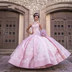 Розовое платье для девушек с лямкой на шее 2020 Пышное атласное официальное бальное платье с блестящей аппликацией кружевное милое платье на 16 дней рождения