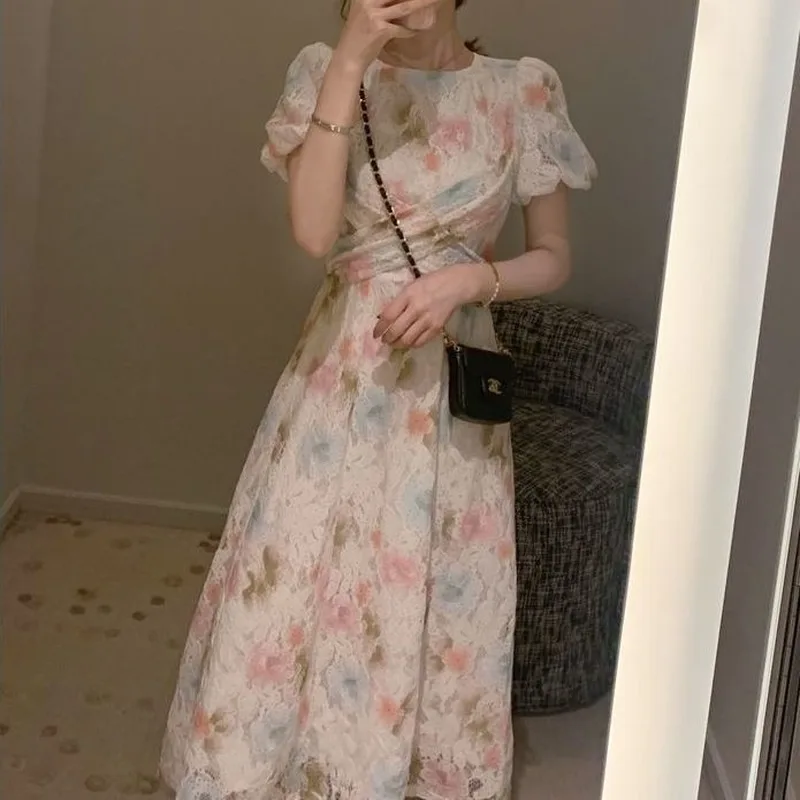 

2021 Summer Women Vintage O-Neck Lace Fairy Dress New Female French Style Fashion Elegant Puff Sleeve One-piece Dress Korean