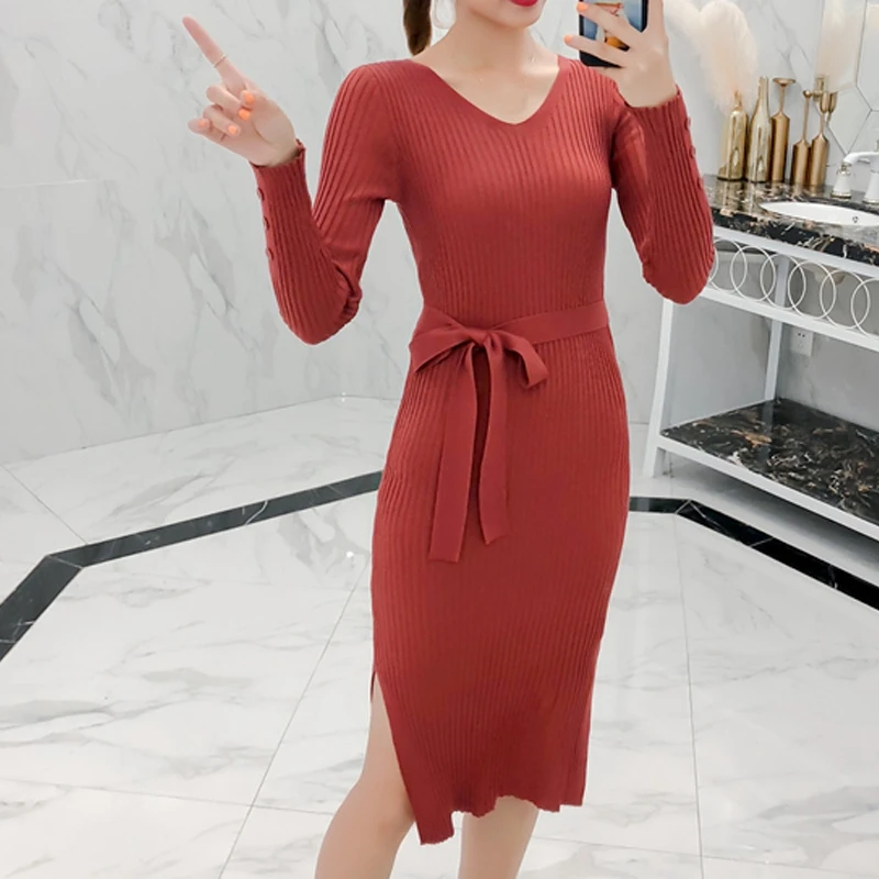 RealShe Осенний женский свитер 2019 круглый вырез длинный рукав пуговицы шнуровка