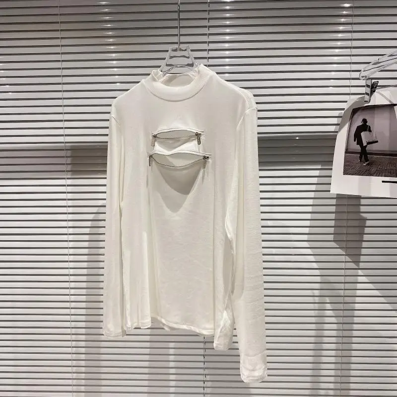 

2021 Spring New Chest Zipper Women T Shirt Long Sleeve Design Women's Knitted Cotton T-shirt