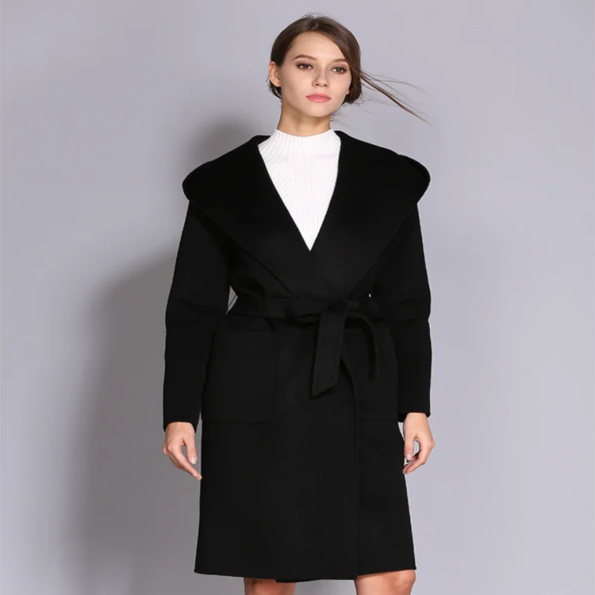 Классическое черное пальто длинное зимнее женское Шерстяное Пальто и куртки с