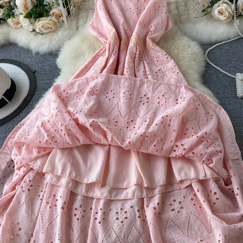 

Women Lace Sleeveless Dress Summer O Neck Hollow Out Romantic A Line Dress Holiday Elegant Solid Sundress French Style