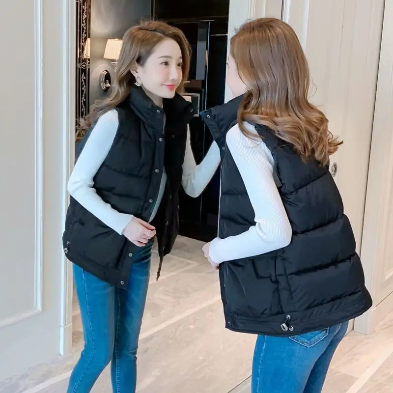 

Down Cotton Vest Women's Stand-Up Collar Drawstring 2020 New Fashion Loose Wild Student Vests Jacket Female Waistcoat