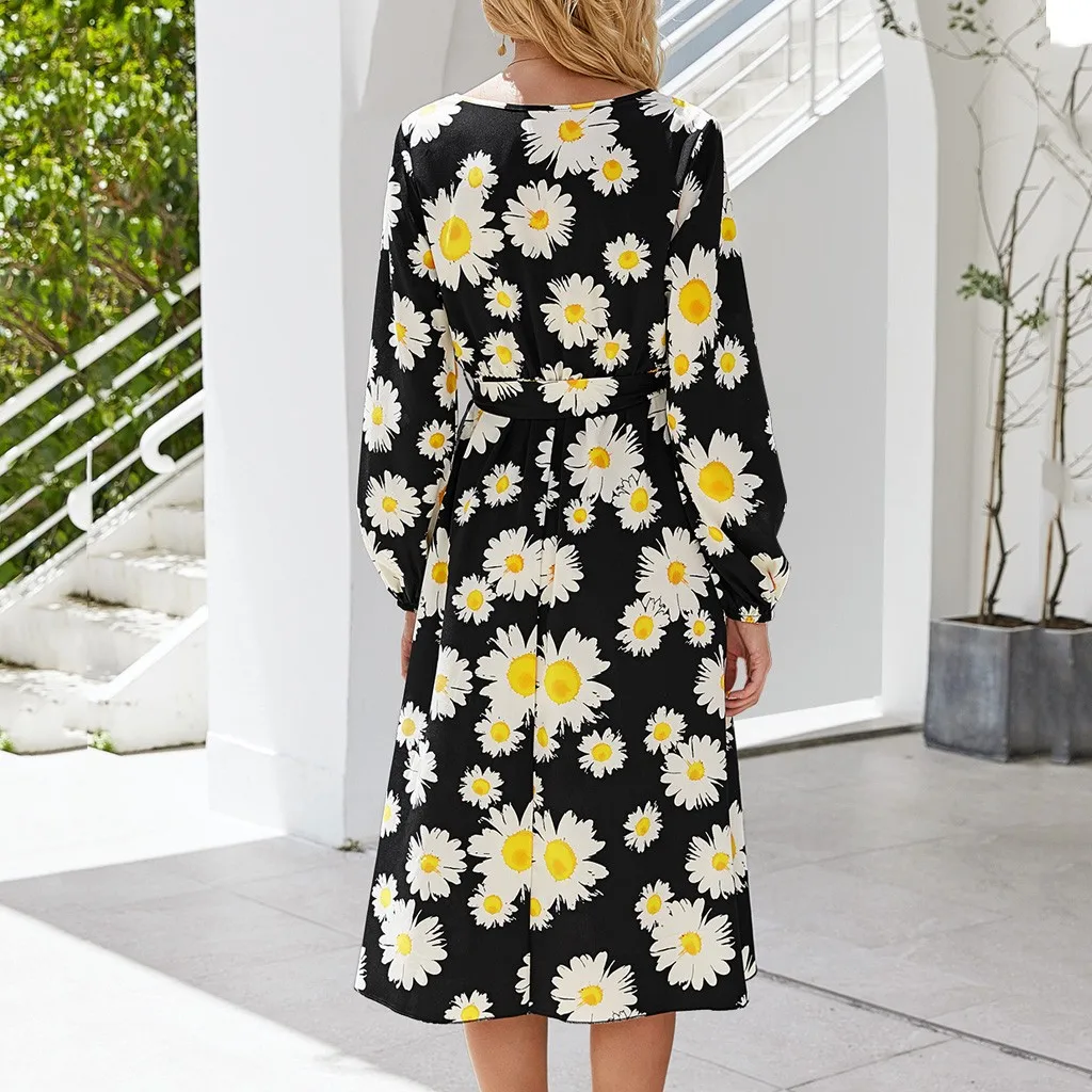 Элегантное женское платье с длинным рукавом и принтом маргаритки модное