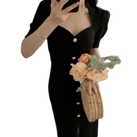 womens single breasted 2022 summer retreat dress black midi skirt slender and elegant shoulder slung split dress
