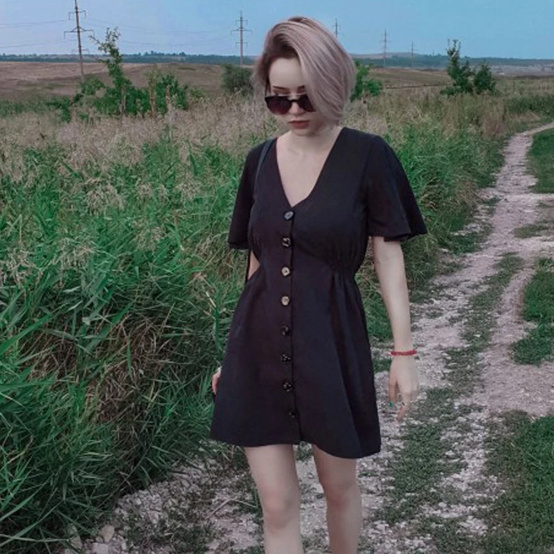 Платье женское с V-образным вырезом и коротким рукавом повседневное короткое