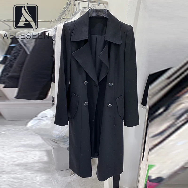 

Женский двубортный Тренч AELESEEN, черный, белый двубортный Тренч средней длины, Осень-зима 2019