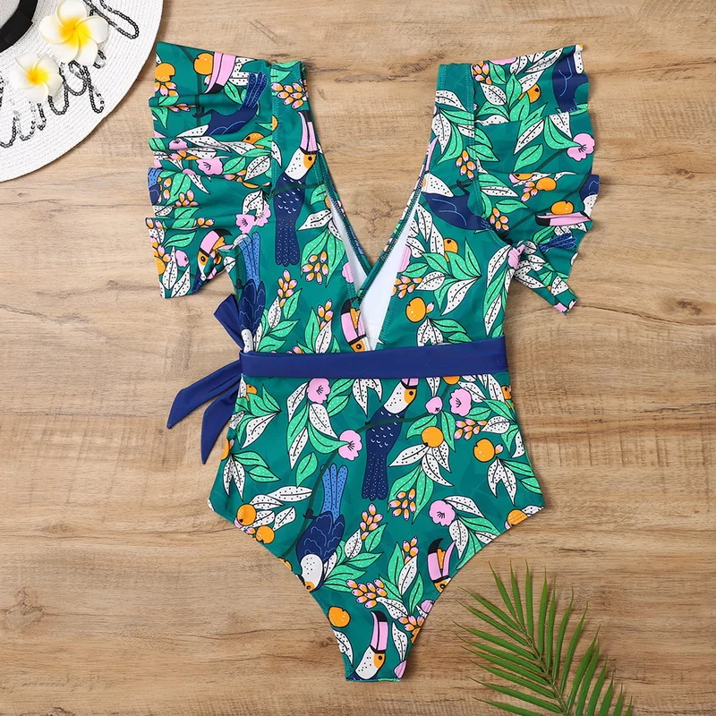 

2021 New One Piece Swimsuit Women V Neck Digital Print Swimwear Women Push Up Ruffle Bathing Suit Fashion Swim Suit