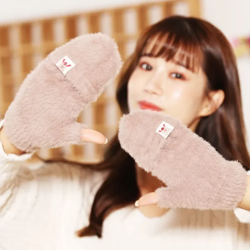 

Novel Winter Flip Gloves Warmer Button Half Finger Exposed Gloves Cute Knitted Mittens Girl Outdoor Gloves