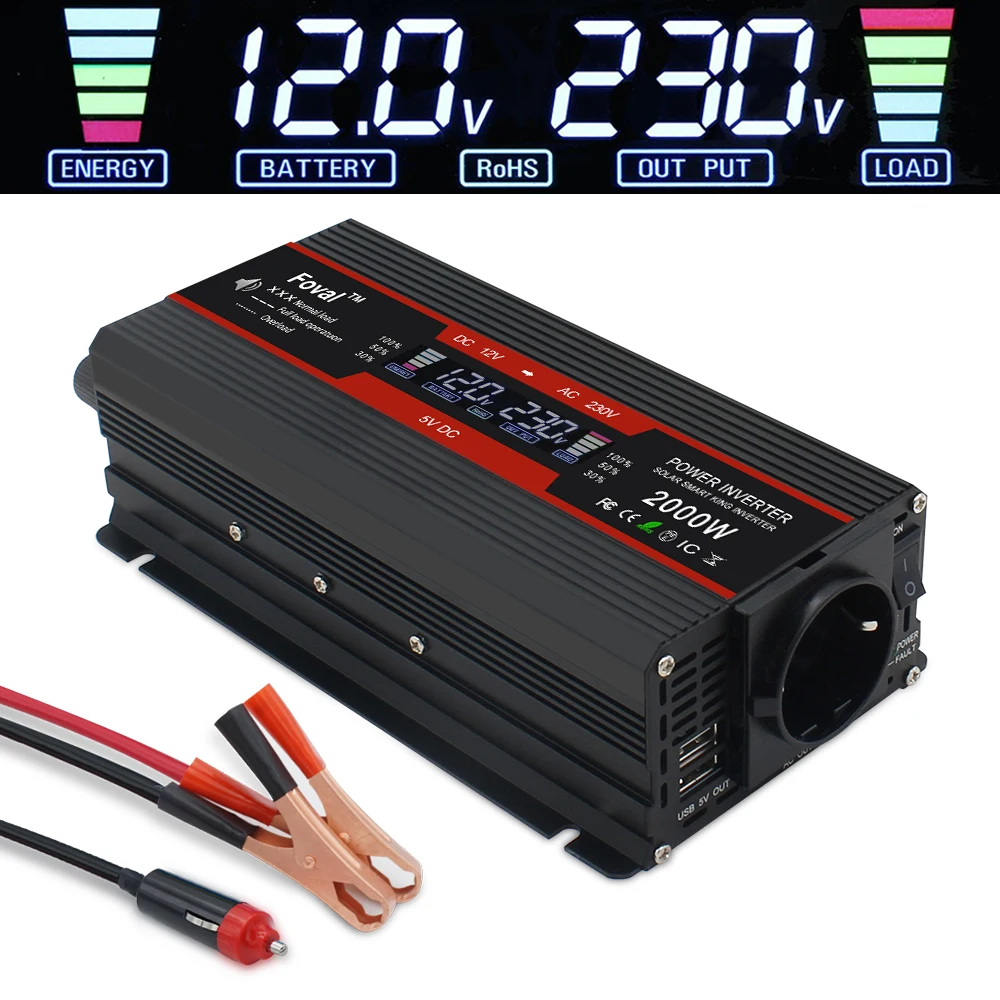 Инвертор DC12V на AC 220V 2000W с европейской розеткой, солнечный модифицированный синус с ЖК-дисплеем.