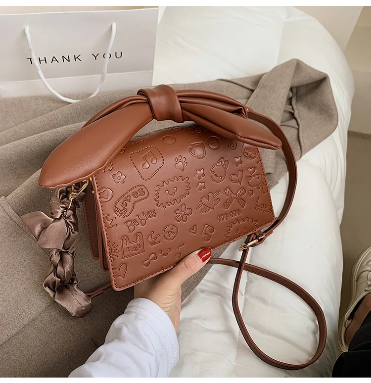 

Cute Graffiti Female Bowknot Tote Bag 2021 New High Quality Pu Leather Women's Designer Handbag Square Shoulder Messenger Bags