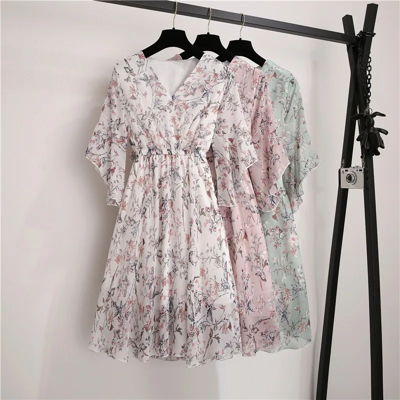 

New Spring Summer Chiffon Dress Women V-Neck Ruffle Sleeve Print Dresses Sweet Print Slim Elastic Waist Mid-length Women Dress