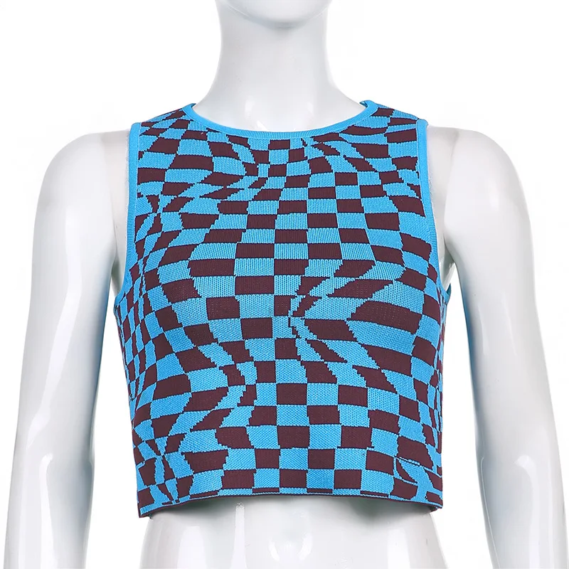 

2021 New Arrivals Summer Fashion Sleeveless O Neck Plaid Bodycon High Street Women Tops Camis