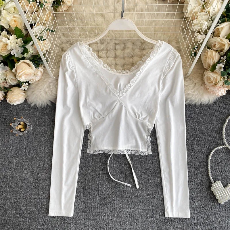 Женский кружевной топ с v-образным вырезом и длинным рукавом | Женская одежда