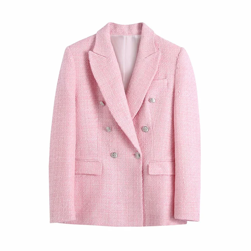 

Nice Blazers Women Vogue Pink Plaid Texture Casual Blazer Jackets Spring Autumn Office OL Double breasted Blazer Coat D258