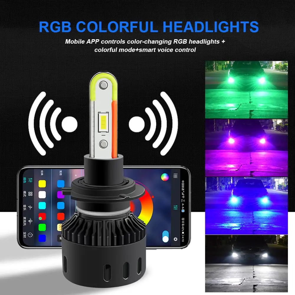 

2 шт. BULLVISION H4 H7 светодиодный RGB фар красочные 9005 9006 H11 огни автомобиля Hb3 Hb4 турбо светодиодный приложение Bluetooth Управление 20000LM H8 H9