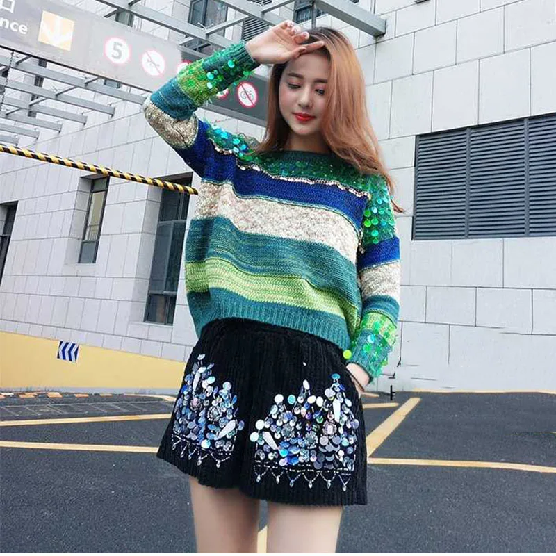 Блестящие топы Женский Базовый стиль повседневный Блестящий пуловер в радужную