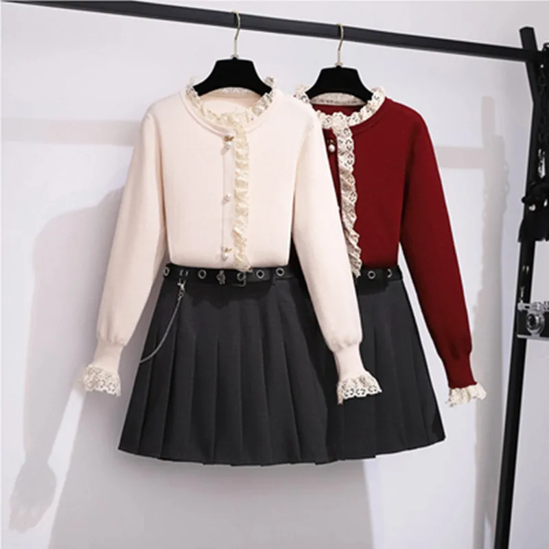 

High Quality Women Sweater 2 Piece Set Designer Single Breasted Beading Knitted Tops+Fashion Pleat Mini Skirt Autumn Ladies Suit