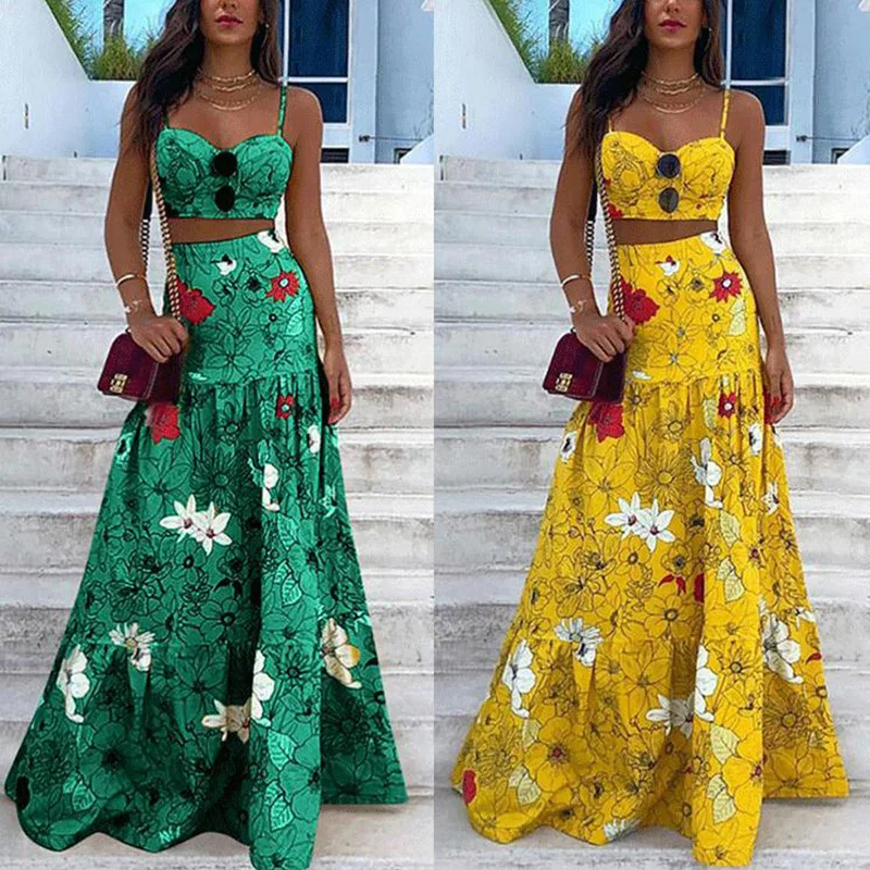 

2021 new European and American women's sexy halting print dress two-piece set of casual street sleeveless dress ladies S-3XL
