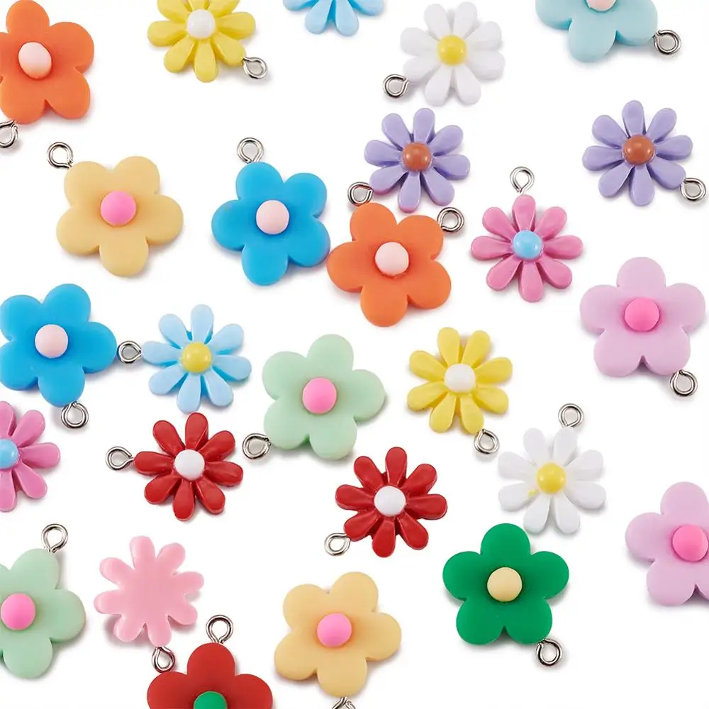 

30pcs Resin Pendants Charms with Screw Eye Pin Peg Bails for Necklace Chain Earring Jewelry Making DIY Flower Mixed Color